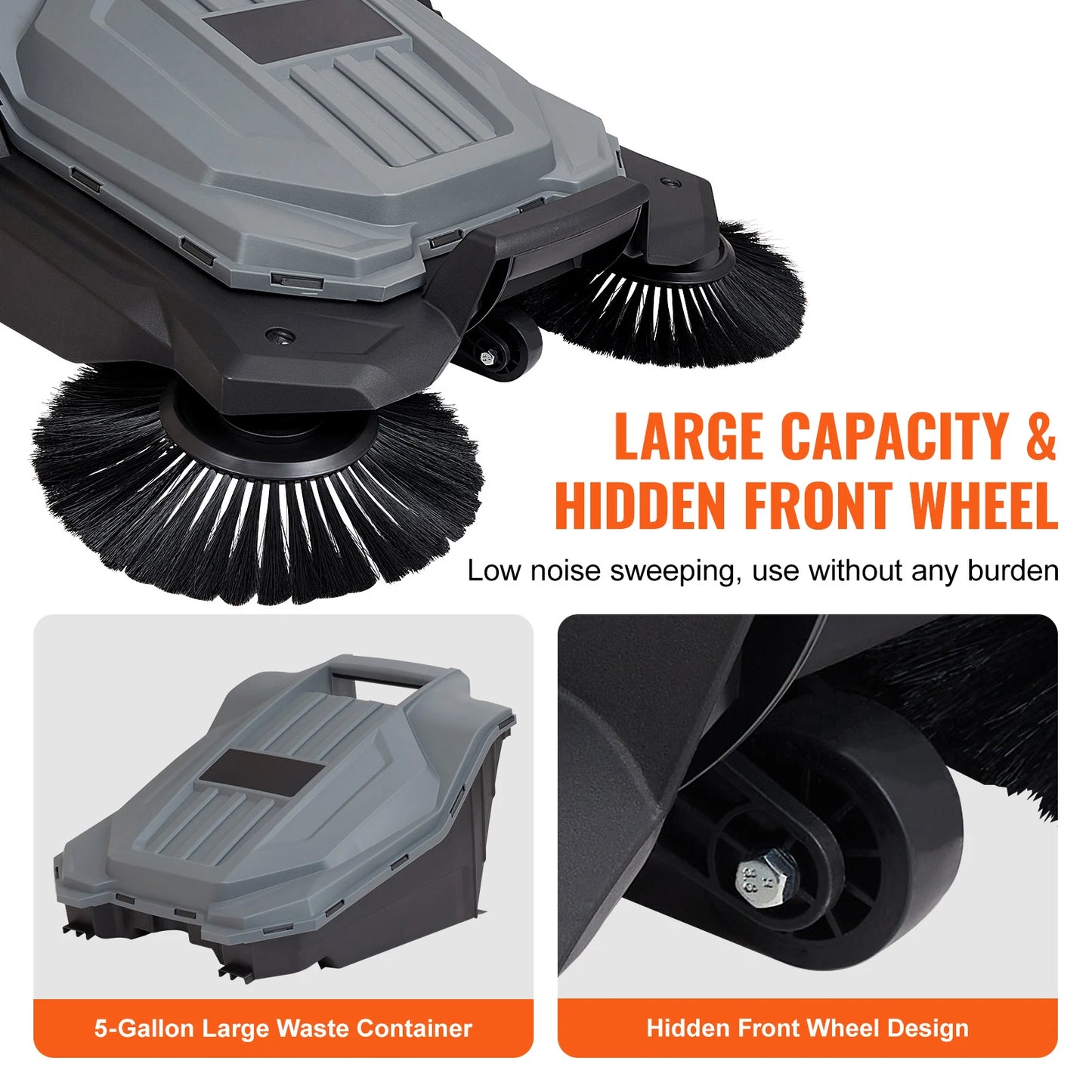SucceBuy Walk-behind Hand Push Floor Sweeper 25.6" Sweeping Width Floor Sweeper 5-Gal Waste Container Angle & Height Adjustable
