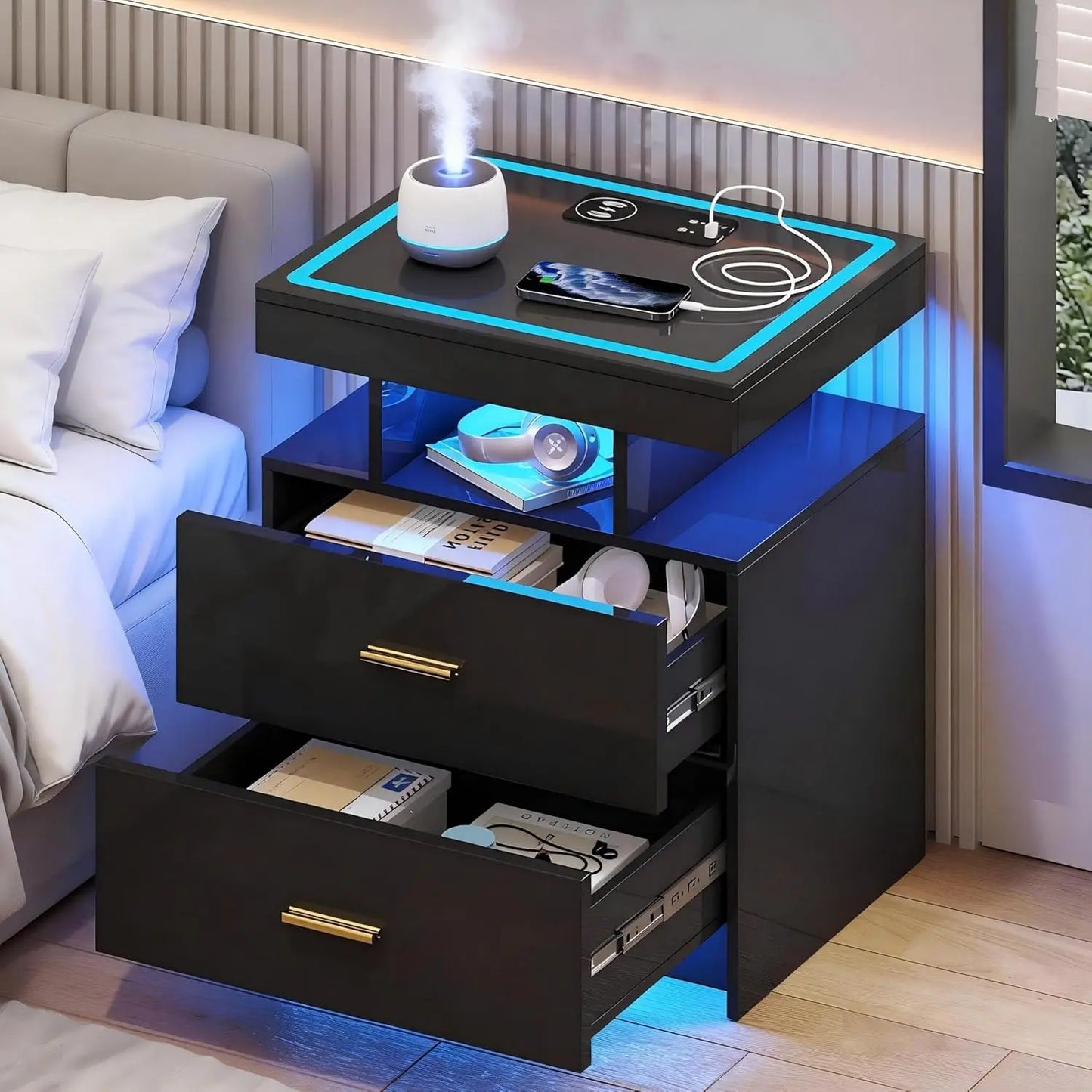 Nightstands With Wireless Charging Station And Auto Sensor LED