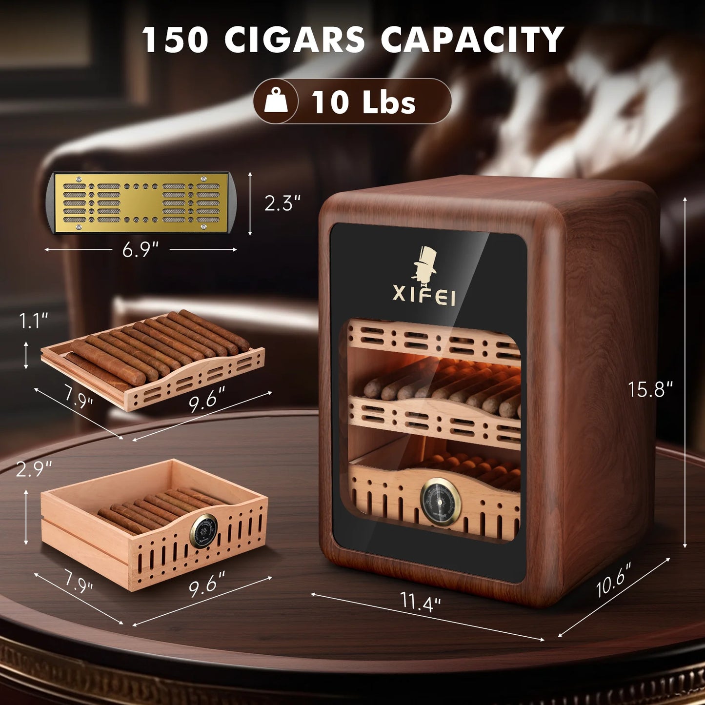 XIFEI Cigar Humidor Up To 150 Cigars With LED Lighting Spanish Cedar Shelves