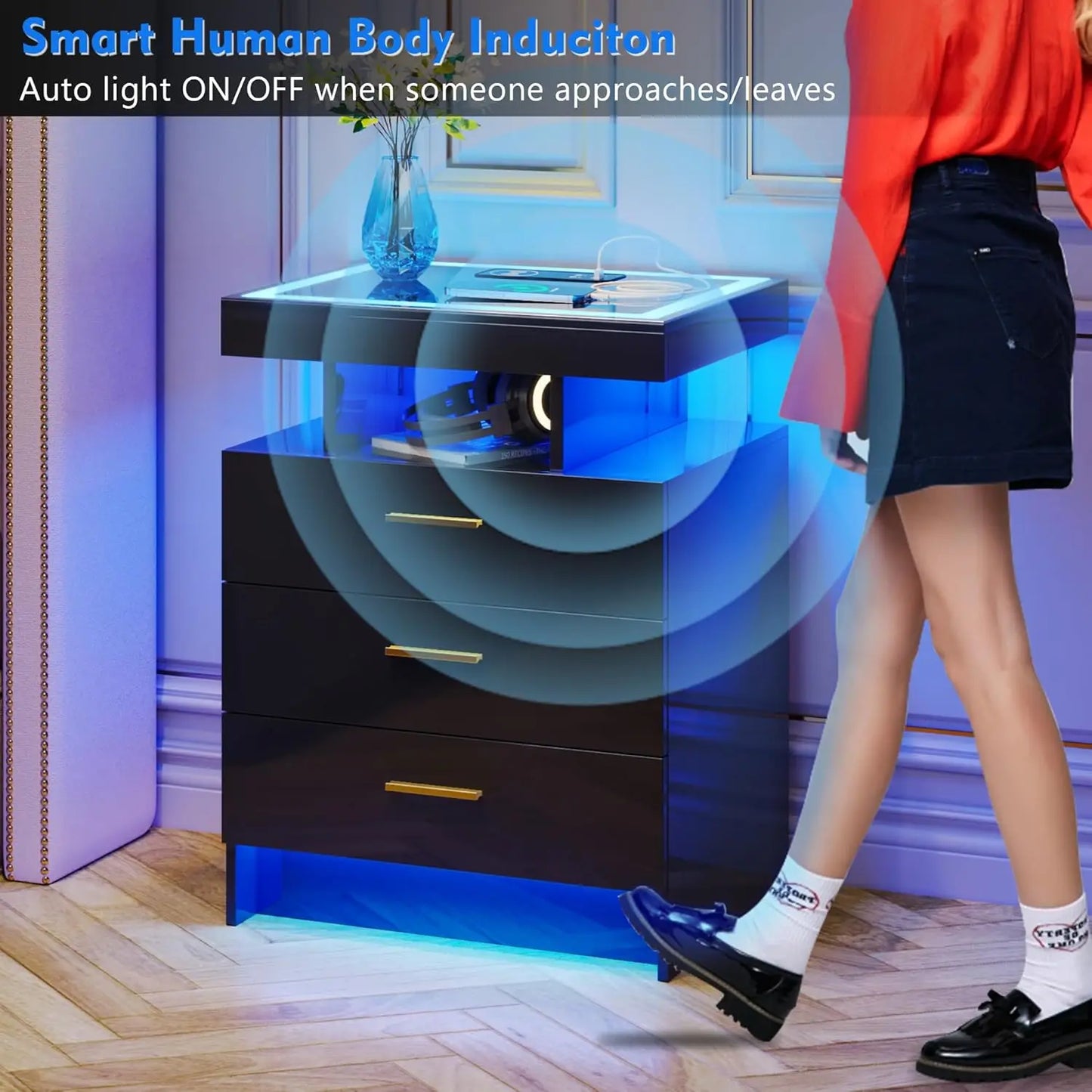 Nightstands With Wireless Charging Station And Auto Sensor LED