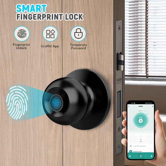 Tuya Smart Fingerprint Door Knob Lock WiFi App Remote Control Keyless Entry Smart Door Lock Temporary Password Unlock Biometric Round Knob Lock for Bedroom Apartment Office