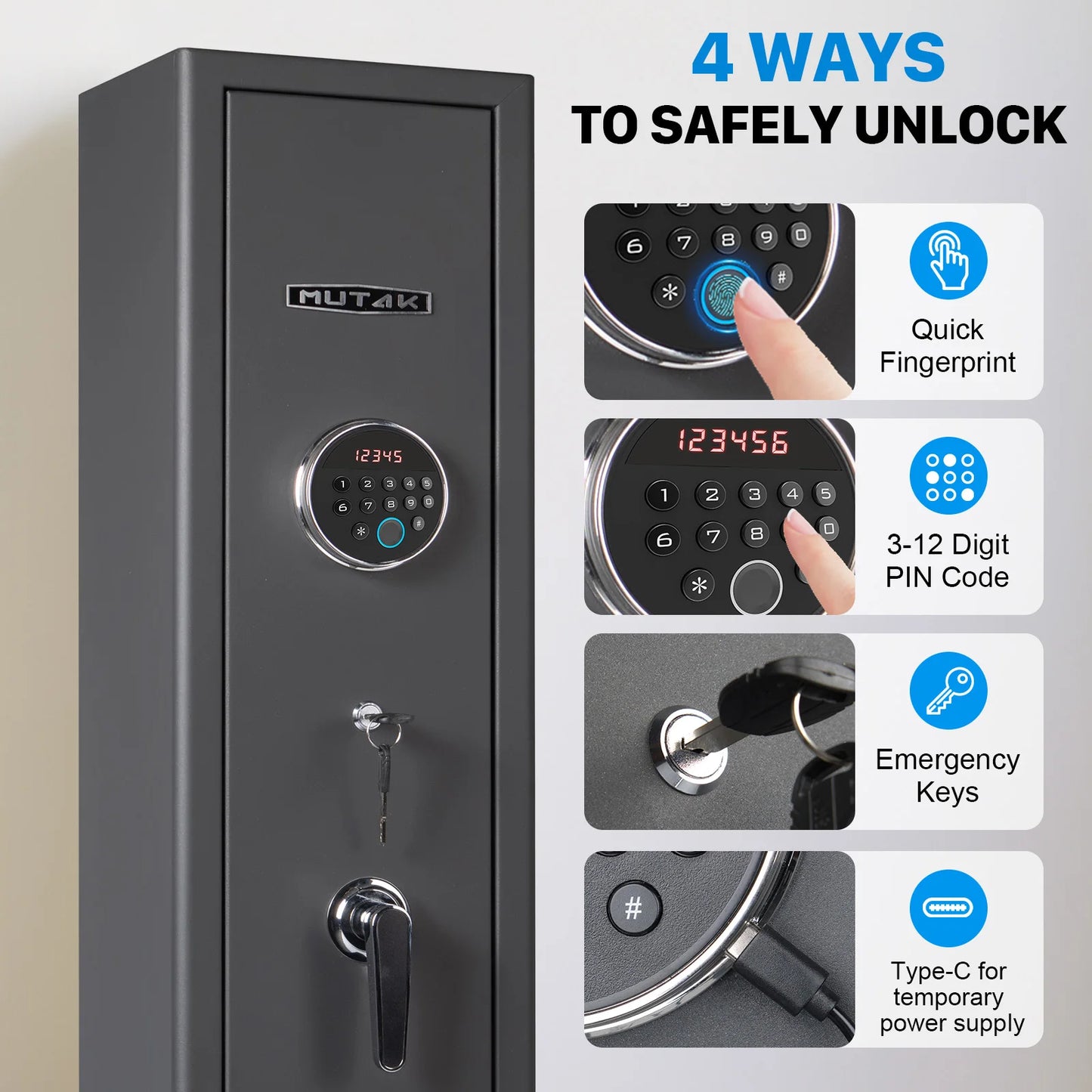 Mutak 3-8 Rifles Gun Safe for Home Rifles Pistols,Biometric Gun Cabinet with Fingerprint/Keypad/Key,with Locker Removable Shelf