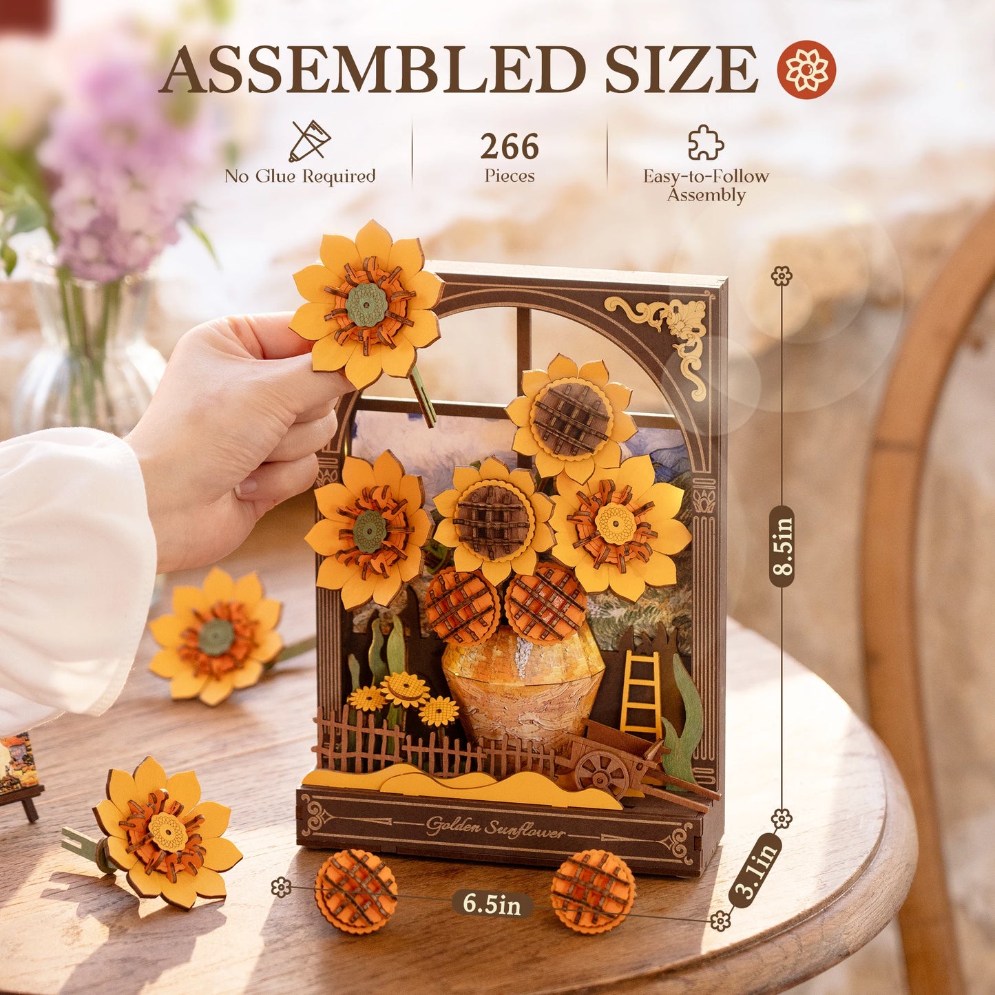 Rolife 3D Wooden Puzzle Golden Sunflower Wall Art Hangable 3D Art Painting Wall Decor Model Building Kit Tabletop Display with LED Light for Home Decor Desk Decor Gift for Adults Kids Friends