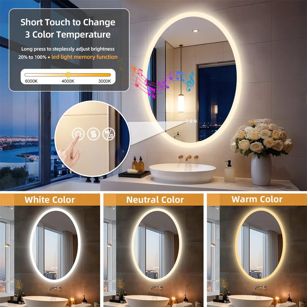 LUVODI Bluetooth LED Bathroom Mirror,Oval Wall Vanity Mirror with Double NdFeB Speakers,Smart Memory Dimming Lighted Mirror Fogless