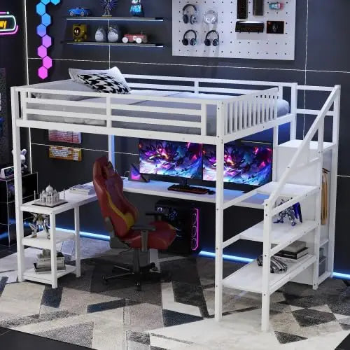 Metal Loft Bed With Stairs Storage Wardrobe And Bedside Shelf For Adults