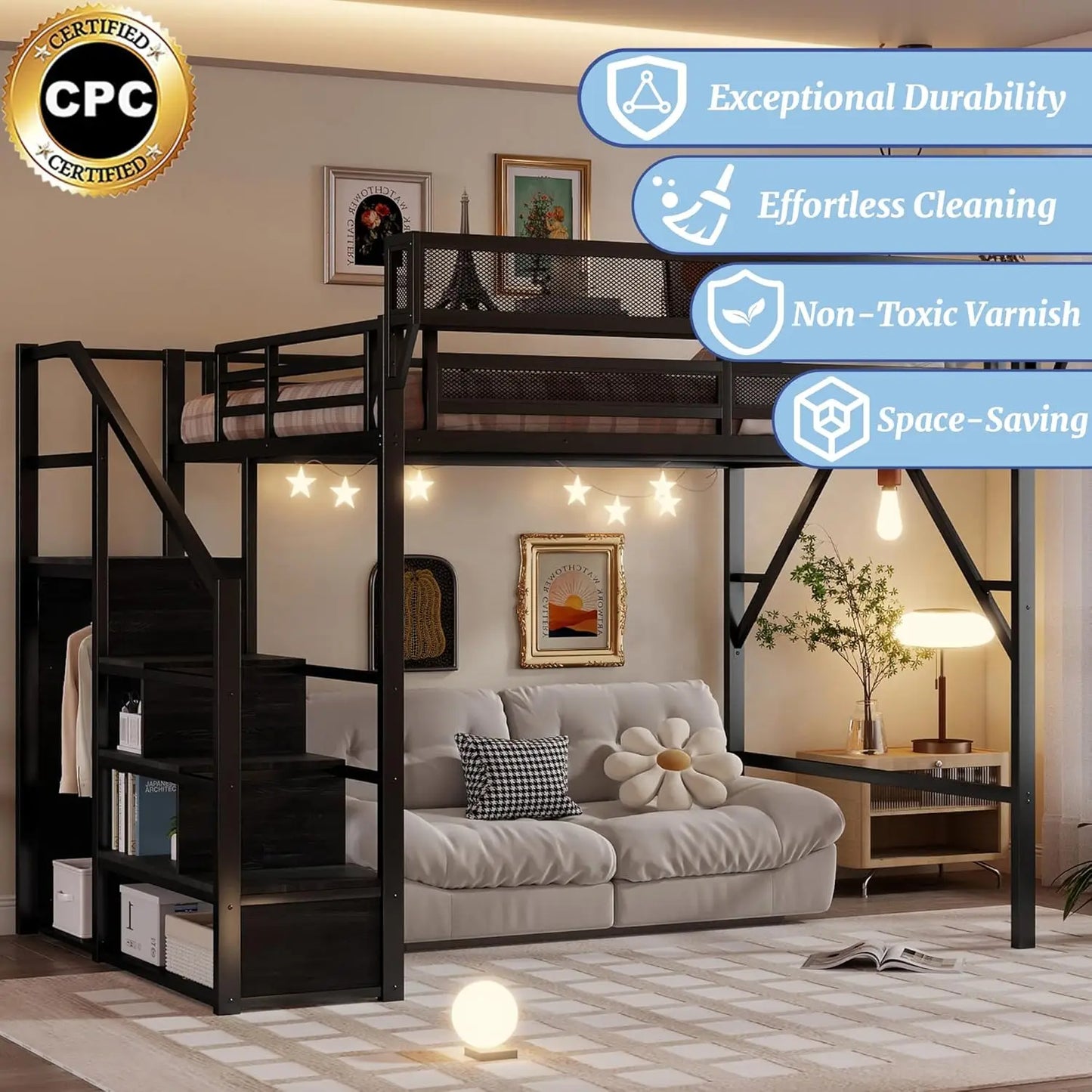 Metal Loft Bed With Stairs Storage Wardrobe And Bedside Shelf For Adults