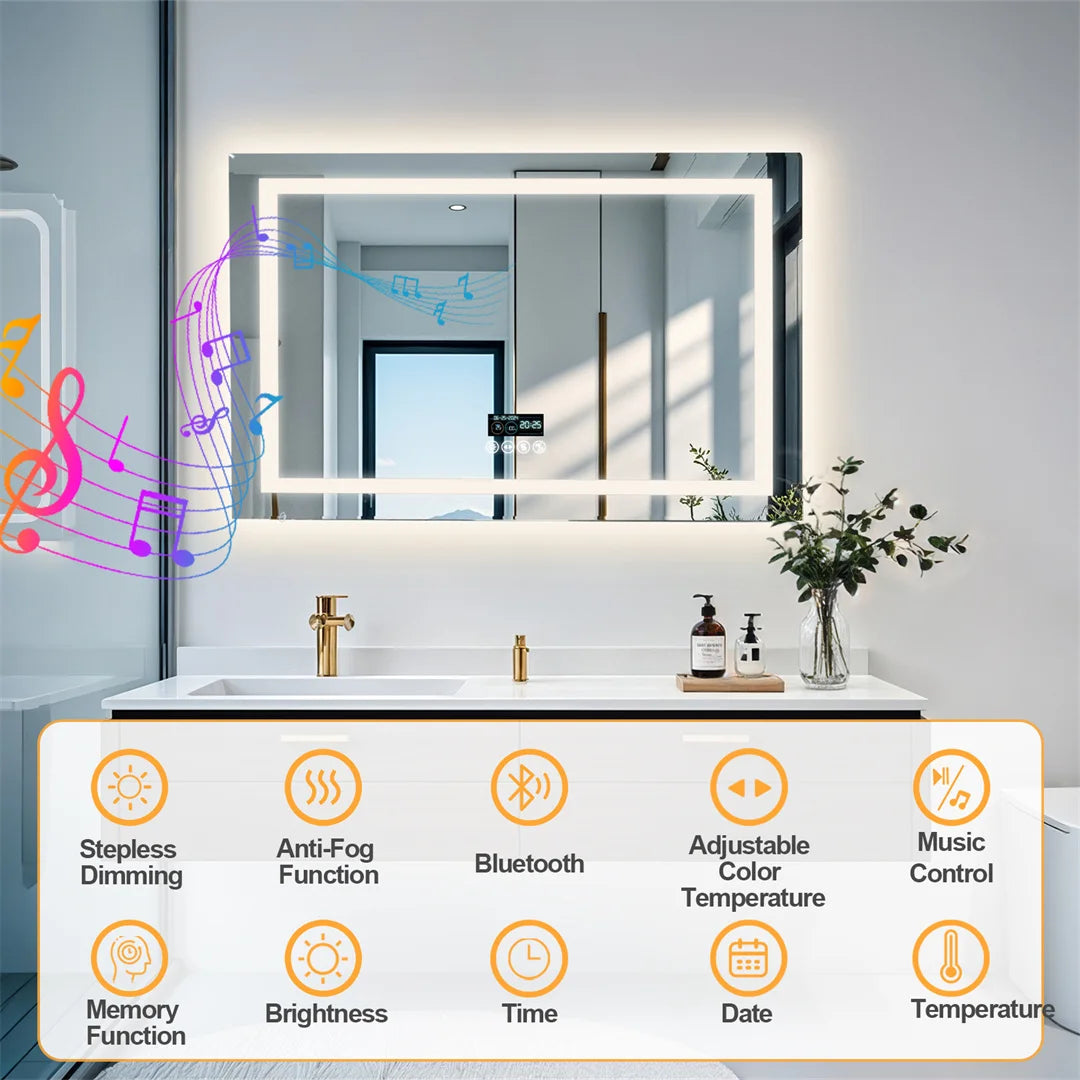 LUVODI 100cm Large Rectangle Bluetooth Bathroom Mirror Wall Vanity Mirror with Time Display IP44 Waterproof Dimming,Anti-fog