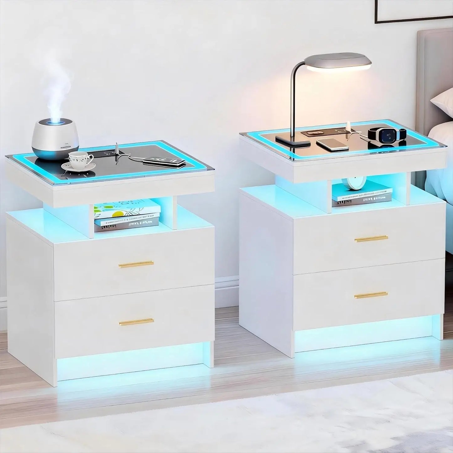 Nightstands With Wireless Charging Station And Auto Sensor LED