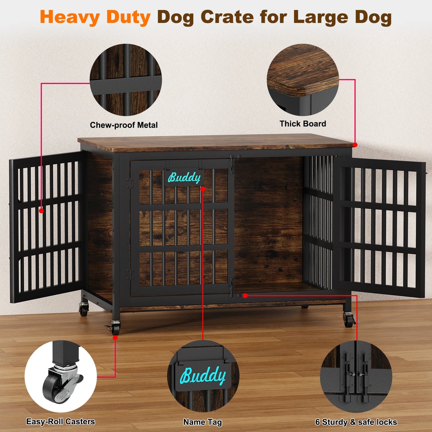 Heavy Duty Dog Crate Furniture With Casters For TV Stand
