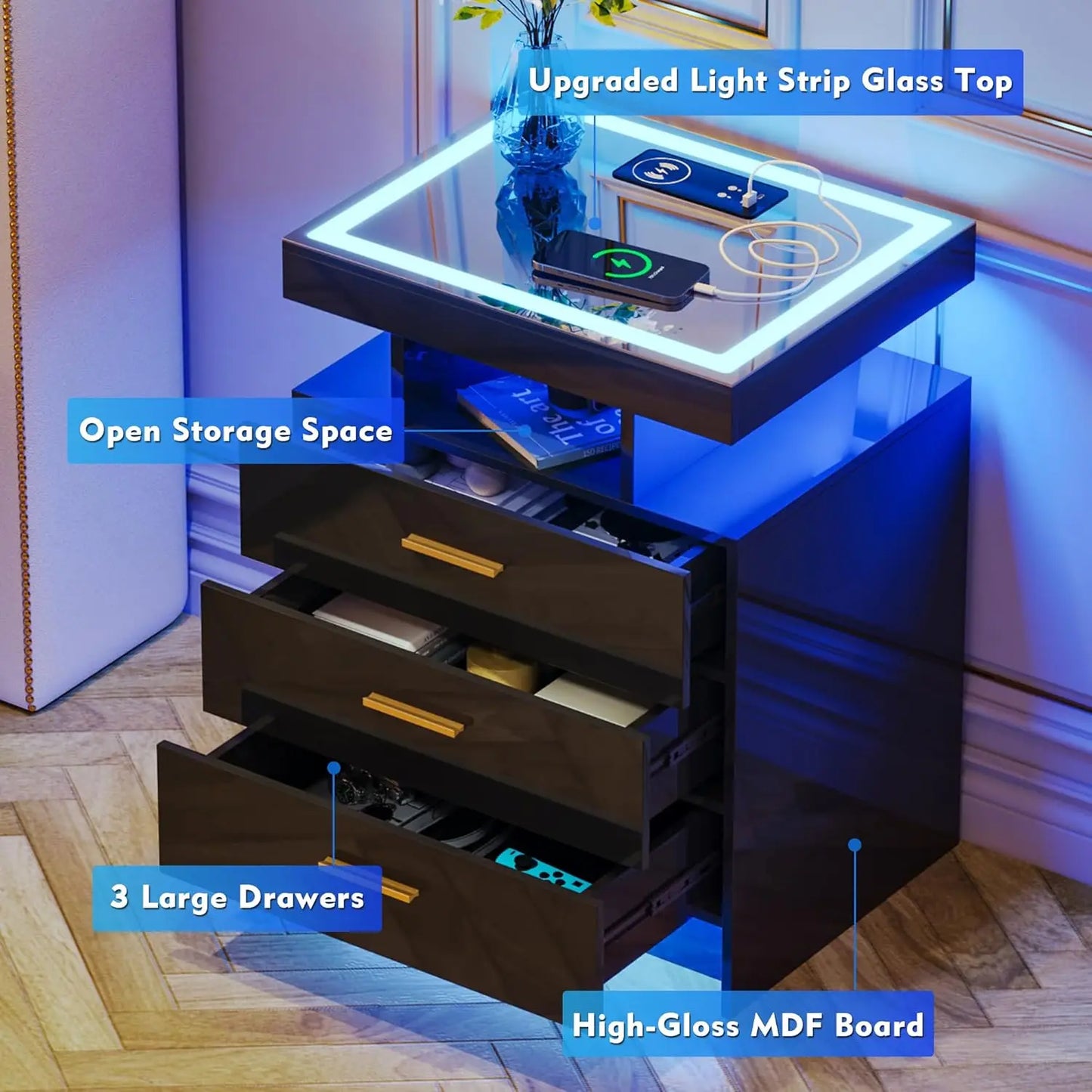 Nightstands With Wireless Charging Station And Auto Sensor LED