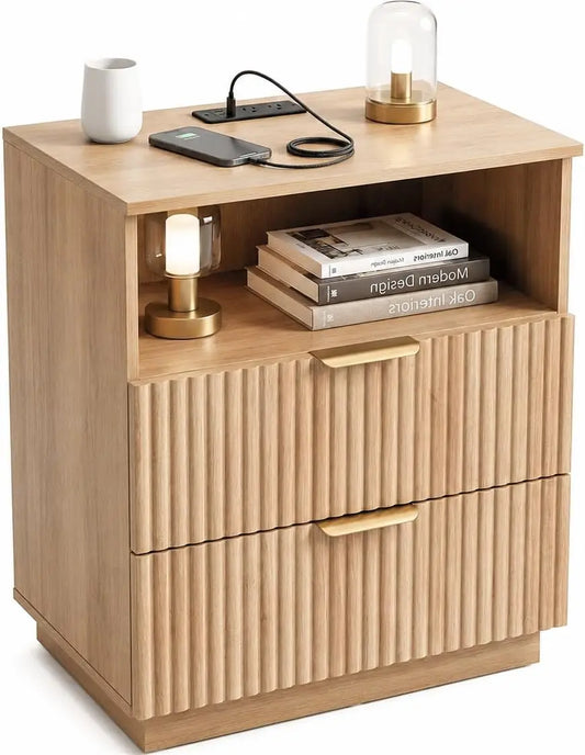 Nightstand with Charging Station, Fluted Night Stand Bedside Table with 2 Storage Drawers & Open Shelf, Small Side Table End Table for Bedroom,Living Room, Natural Oak