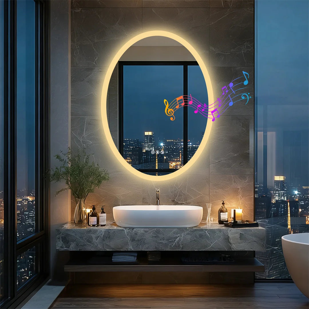 LUVODI Bluetooth LED Bathroom Mirror,Oval Wall Vanity Mirror with Double NdFeB Speakers,Smart Memory Dimming Lighted Mirror Fogless
