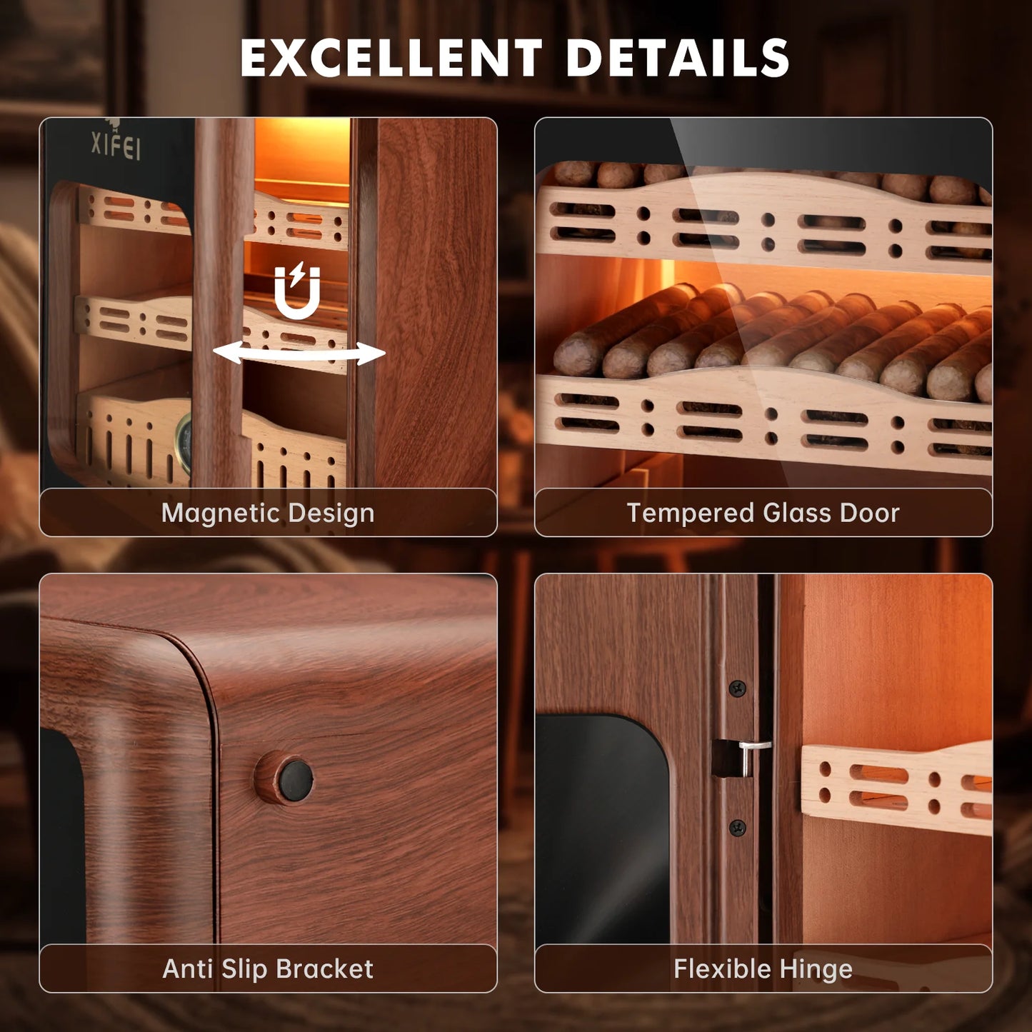 XIFEI Cigar Humidor Up To 150 Cigars With LED Lighting Spanish Cedar Shelves
