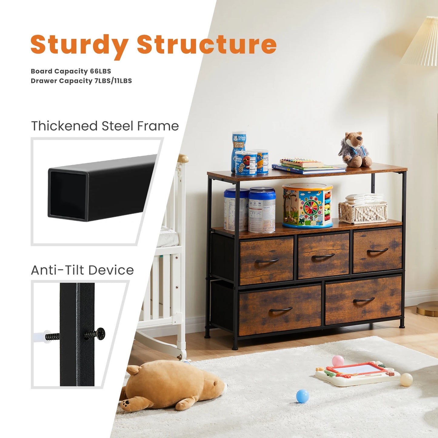 JHK Shoe Cabinet With 5 Fabric Drawers And TV Stand