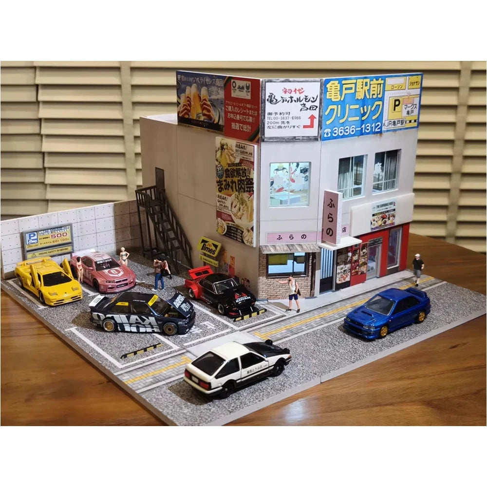 Diorama Car Parking Lot With LED Lighting Japanese Commercial Building Display
