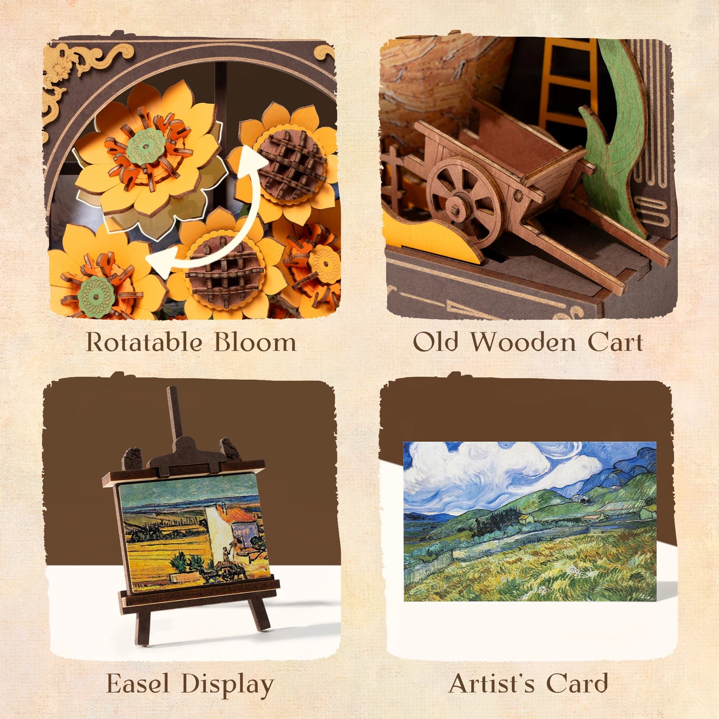 Rolife 3D Wooden Puzzle Golden Sunflower Wall Art Hangable 3D Art Painting Wall Decor Model Building Kit Tabletop Display with LED Light for Home Decor Desk Decor Gift for Adults Kids Friends