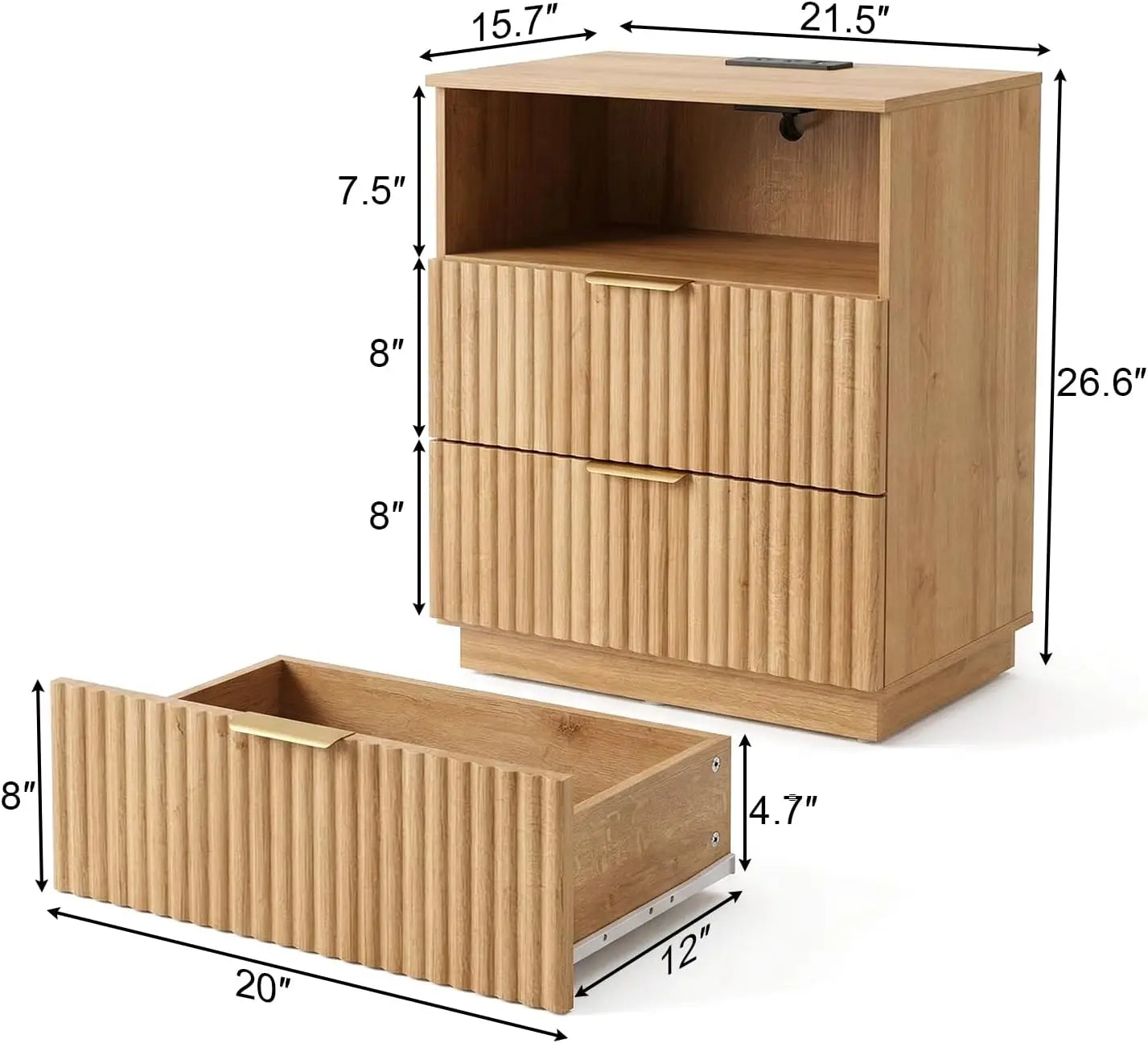 Nightstand with Charging Station, Fluted Night Stand Bedside Table with 2 Storage Drawers & Open Shelf, Small Side Table End Table for Bedroom,Living Room, Natural Oak