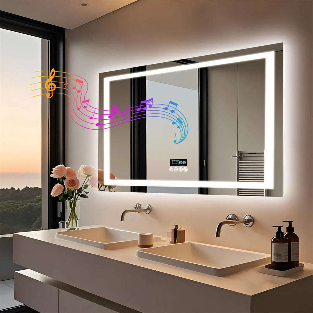 LUVODI 100cm Large Rectangle Bluetooth Bathroom Mirror Wall Vanity Mirror with Time Display IP44 Waterproof Dimming,Anti-fog