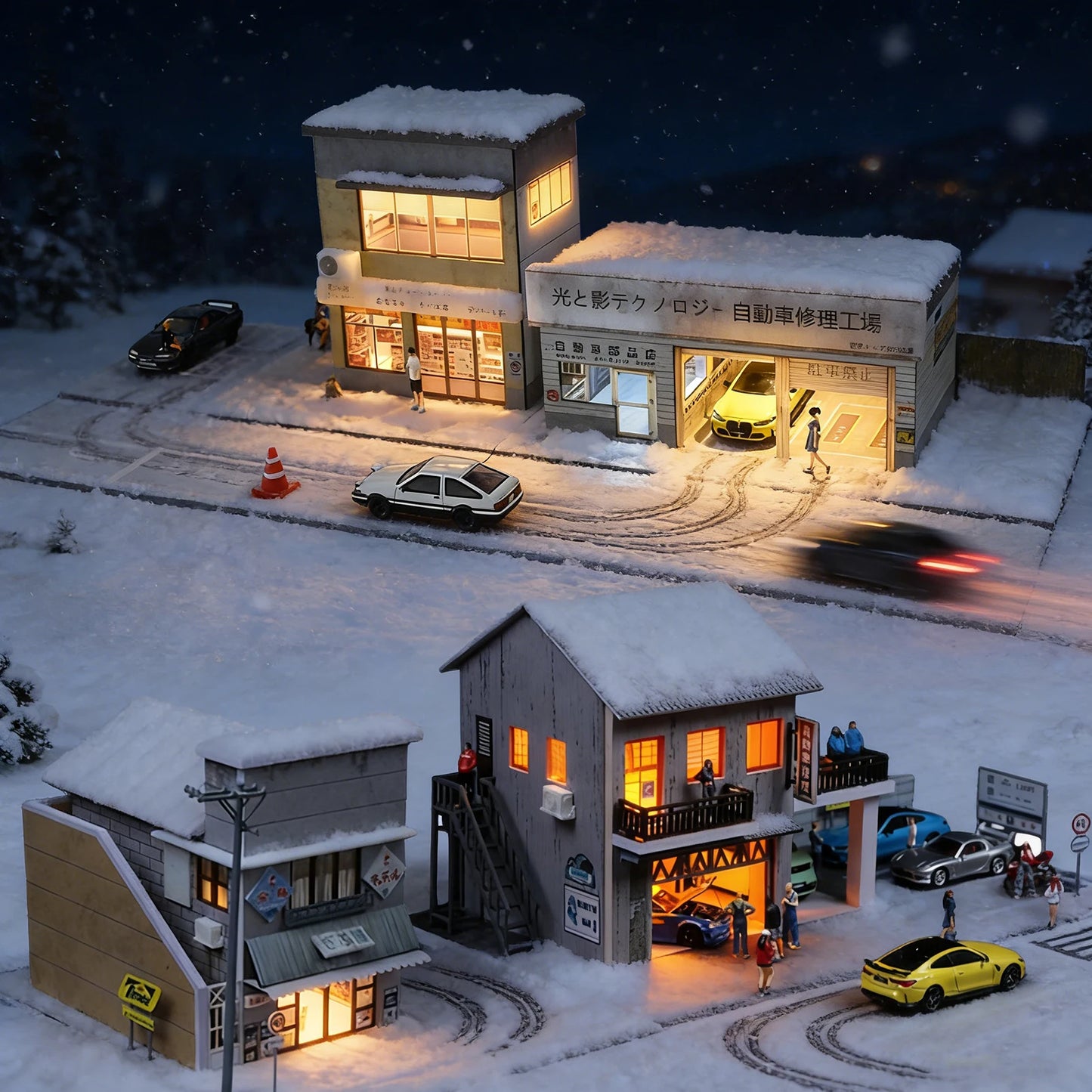Diorama Car Parking Lot With LED Lighting Japanese Commercial Building Display