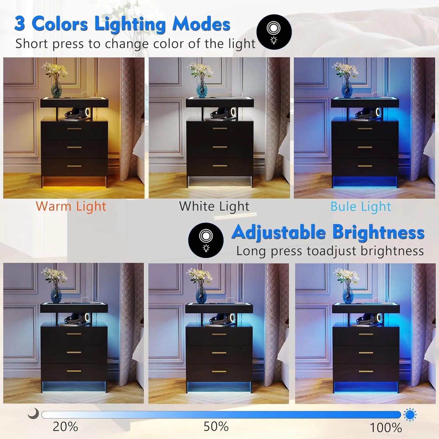 Nightstands With Wireless Charging Station And Auto Sensor LED