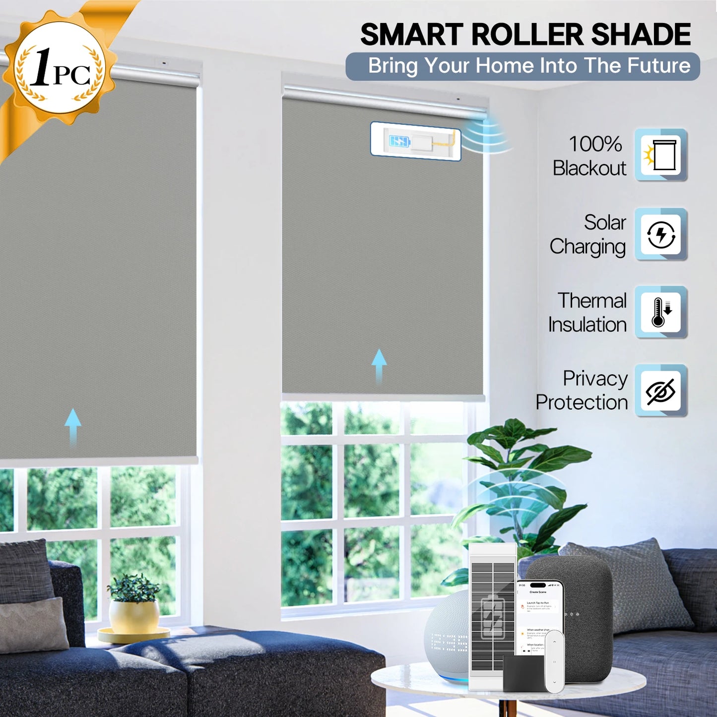 Smart Roller Shades for Windows, with Remote Control, Easy Install Automatic Electric Blinds for Indoor