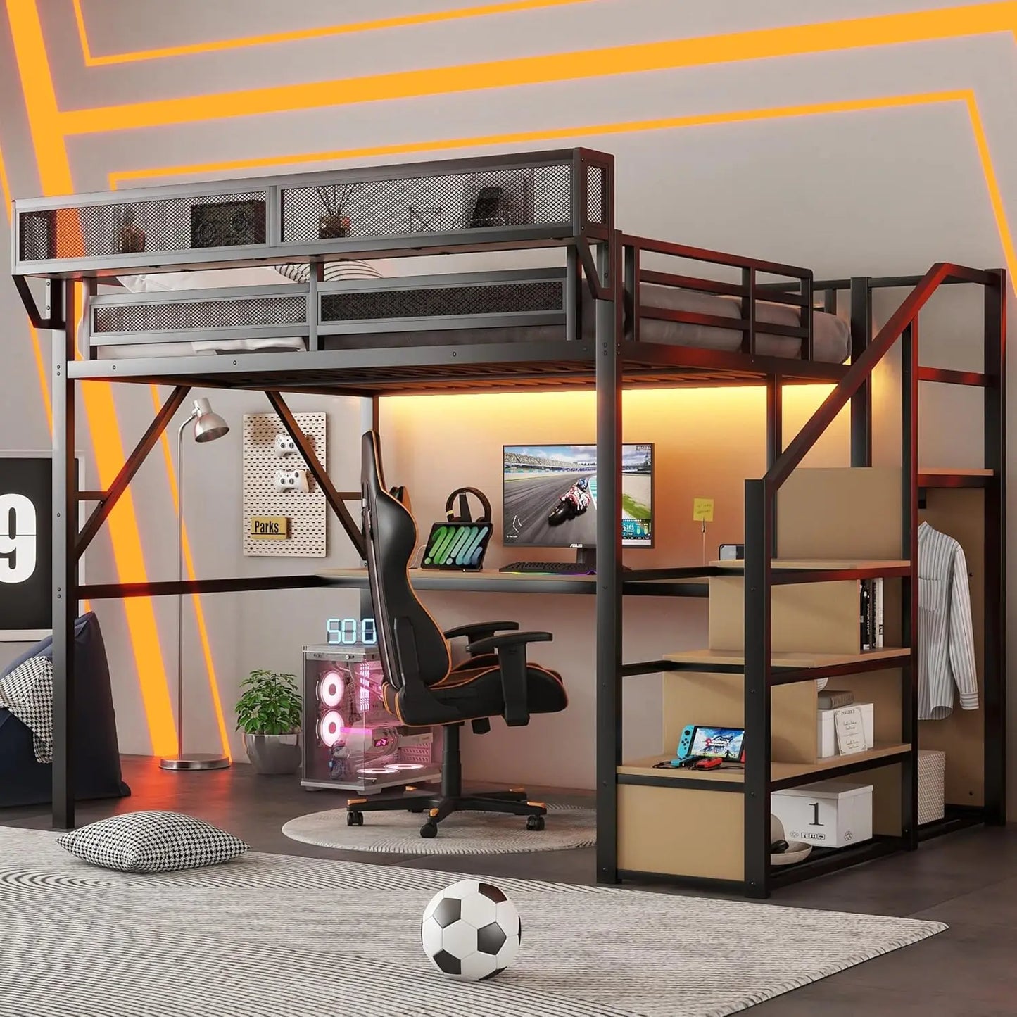 Metal Loft Bed With Stairs Storage Wardrobe And Bedside Shelf For Adults