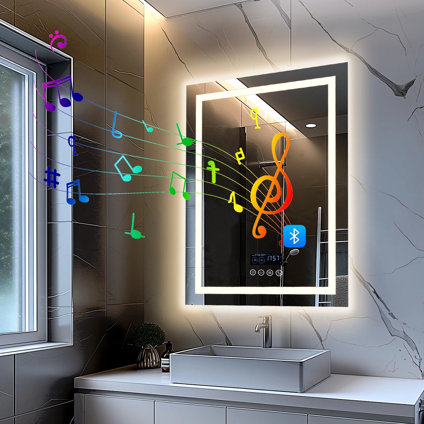 Wisfor 28x36 Lighted Bathroom Mirror with Bluetooth Speaker Smart LED Vanity Makeup Wall Mounted Mirrors 3 Lights Anti-Fog Touch
