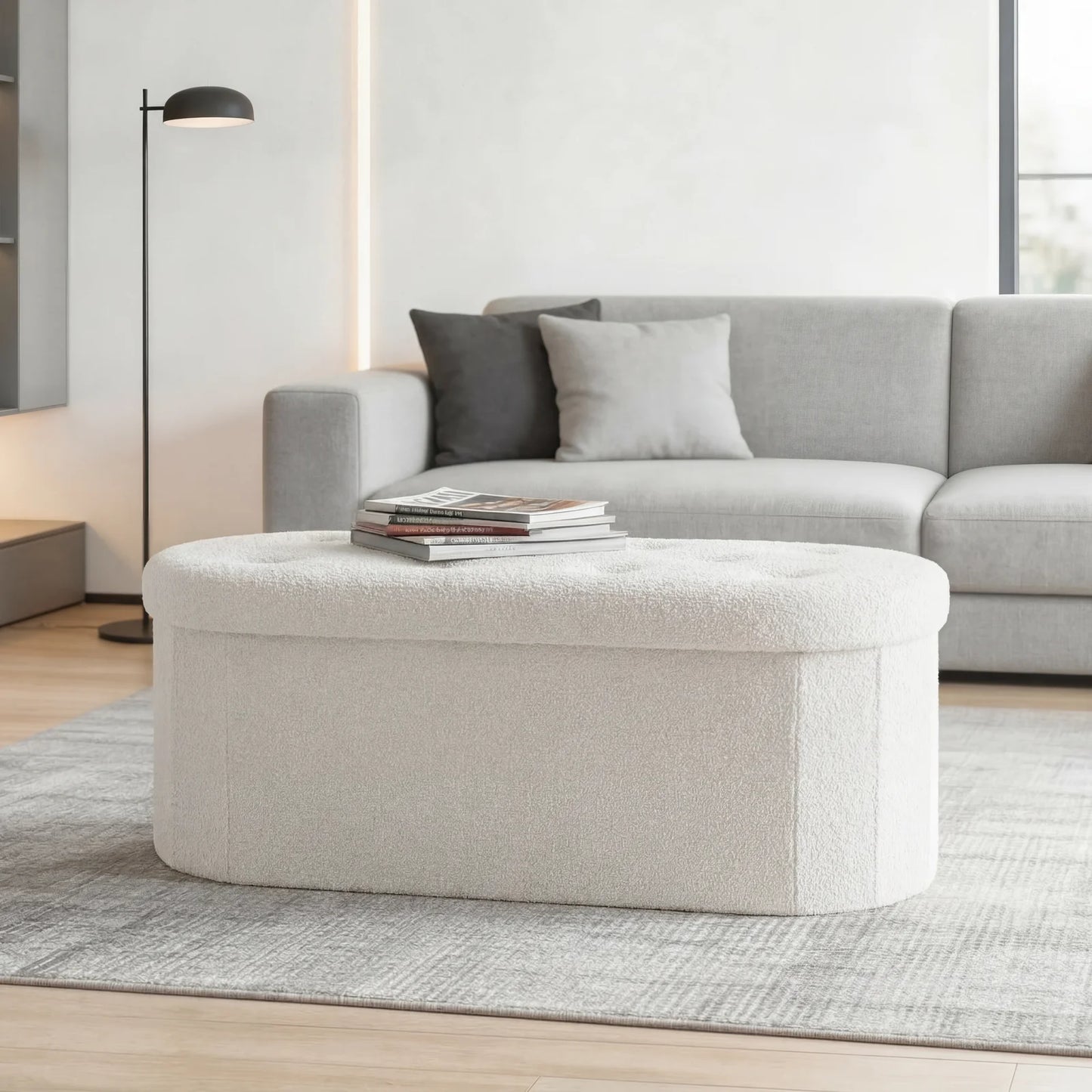 JHK Folding Storage Ottoman Bench With Teddy Fabric Cushion