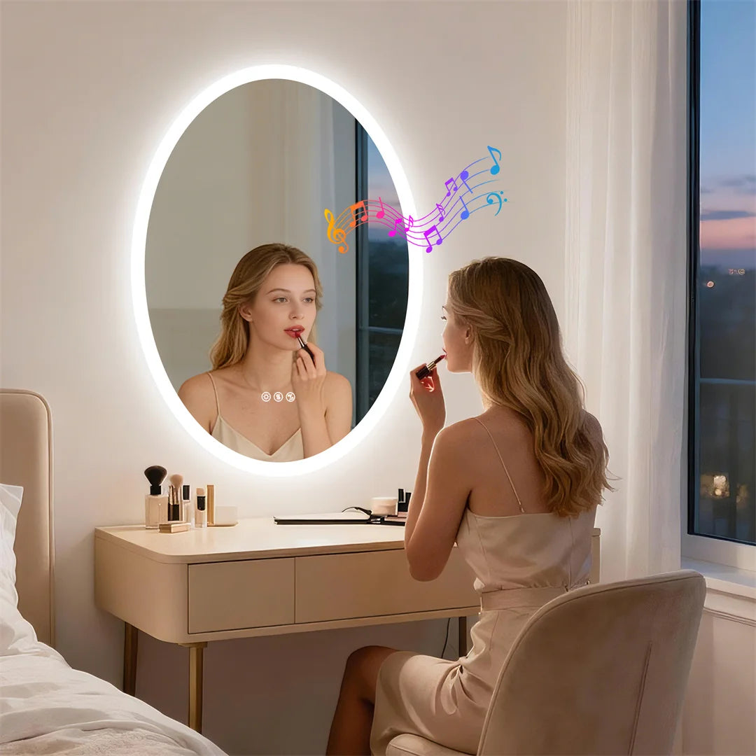 LUVODI Bluetooth LED Bathroom Mirror,Oval Wall Vanity Mirror with Double NdFeB Speakers,Smart Memory Dimming Lighted Mirror Fogless