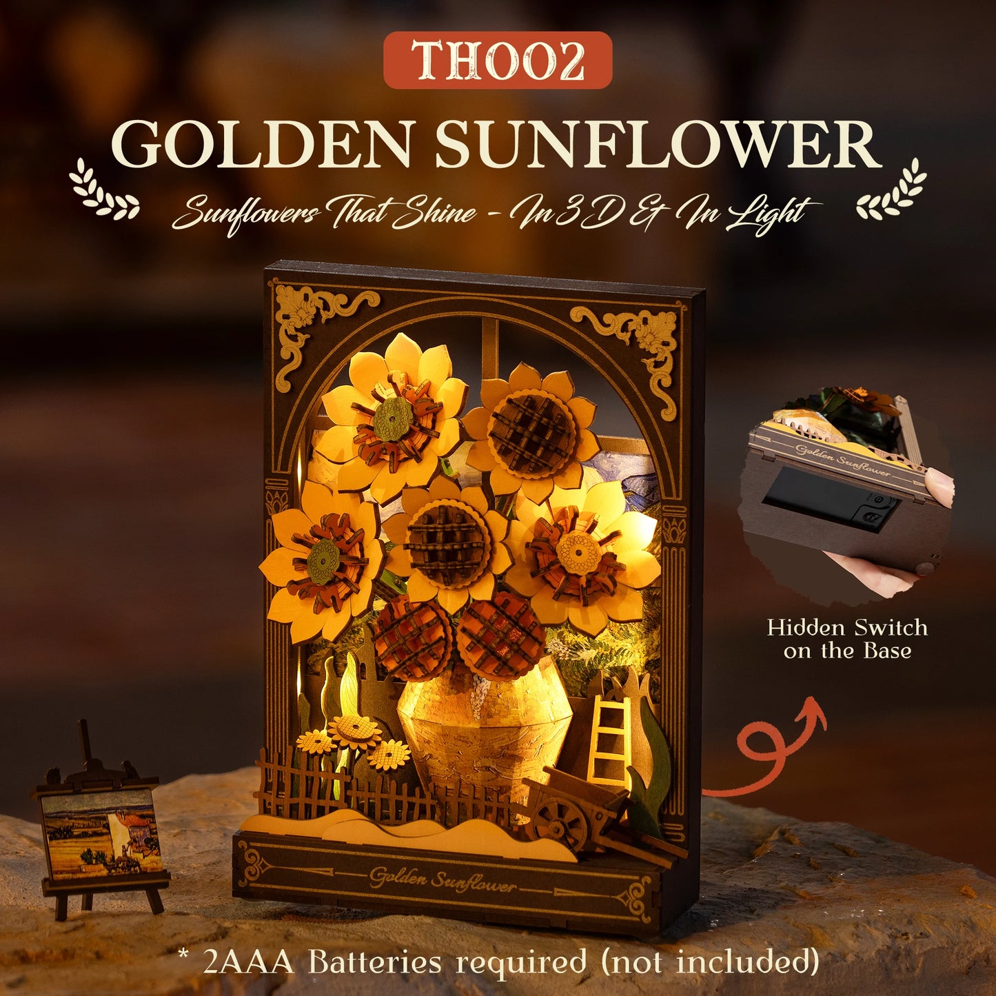 Rolife 3D Wooden Puzzle Golden Sunflower Wall Art Hangable 3D Art Painting Wall Decor Model Building Kit Tabletop Display with LED Light for Home Decor Desk Decor Gift for Adults Kids Friends