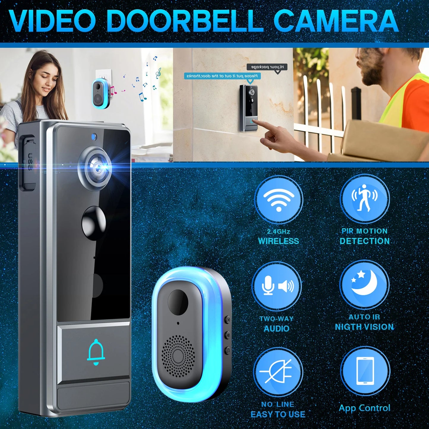 Wireless Smart Video Doorbell, 960P HD Video Doorbell Camera, Home Security WiFi Doorbell Camera, PIR Motion Doorbell