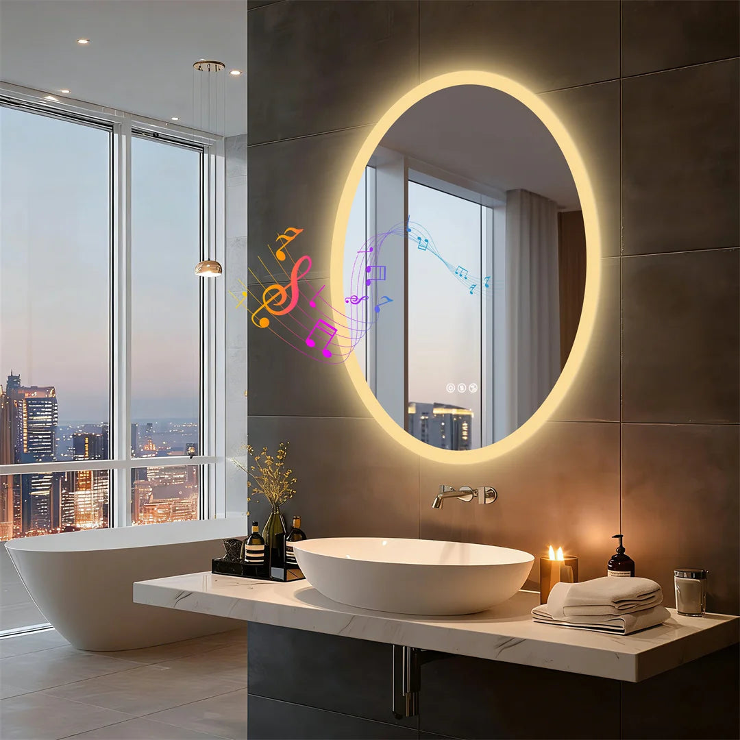 LUVODI Bluetooth LED Bathroom Mirror,Oval Wall Vanity Mirror with Double NdFeB Speakers,Smart Memory Dimming Lighted Mirror Fogless