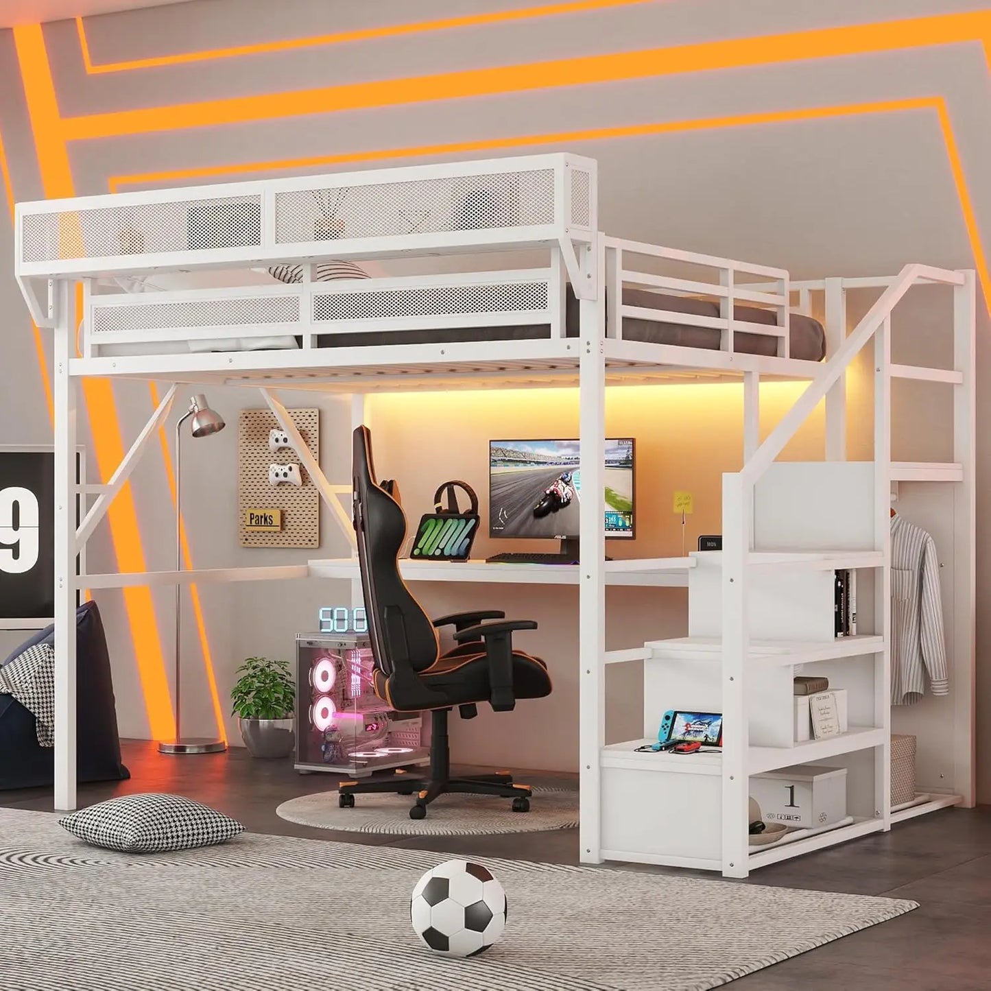 Metal Loft Bed With Stairs Storage Wardrobe And Bedside Shelf For Adults