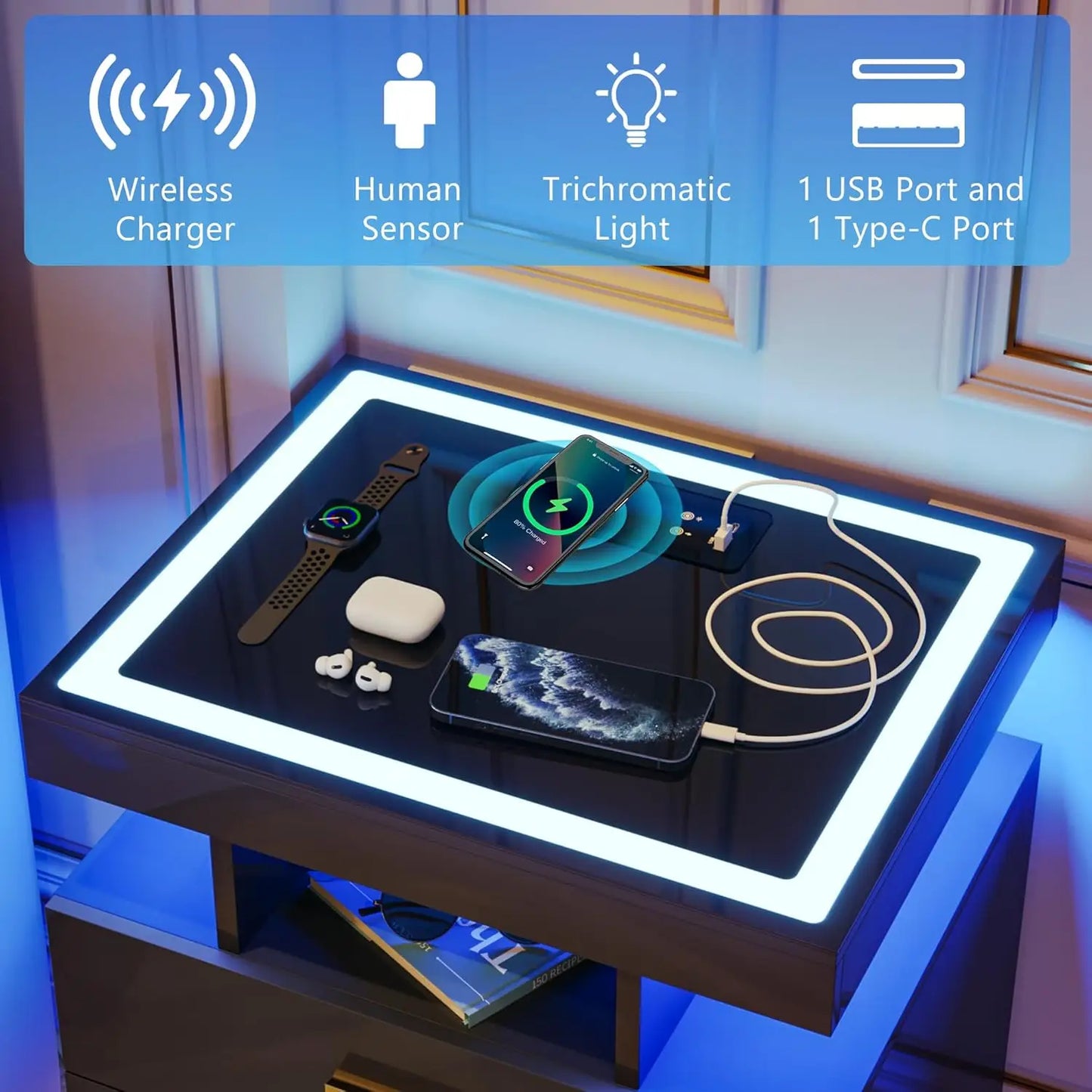 Nightstands With Wireless Charging Station And Auto Sensor LED