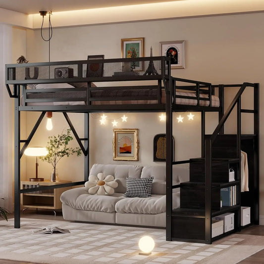 Metal Loft Bed With Stairs Storage Wardrobe And Bedside Shelf For Adults