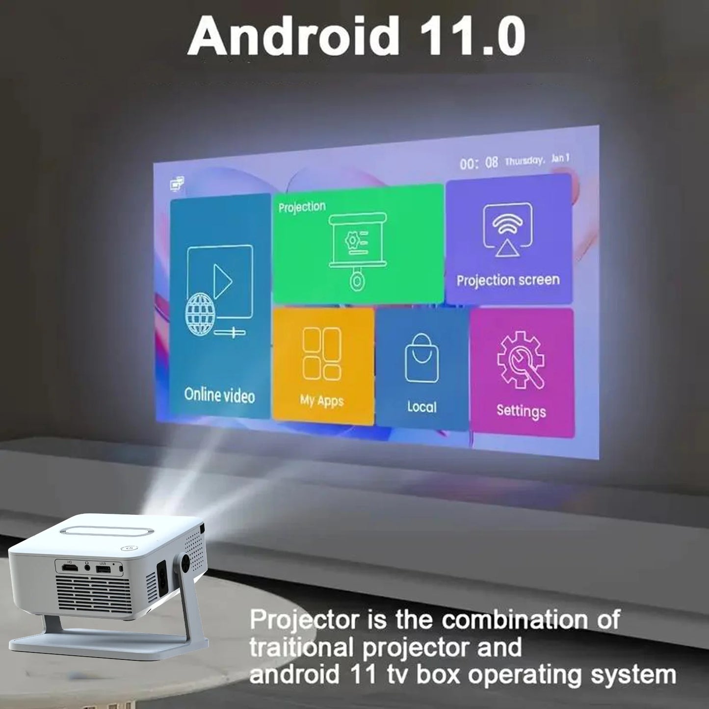 Xnano Android Smart Projector With Holder HDMI For Home Cinema