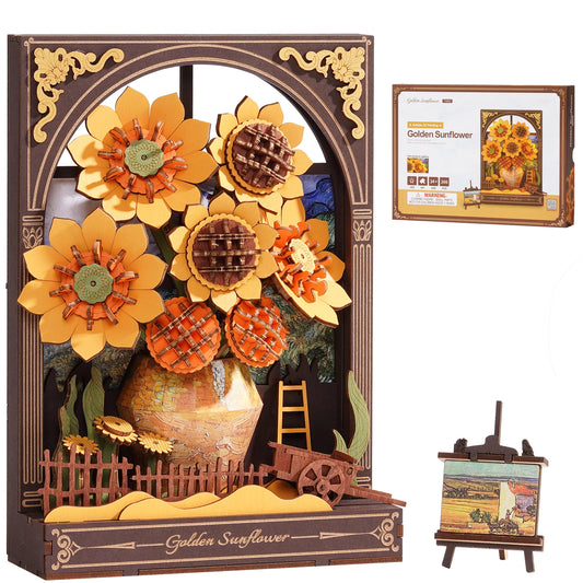 Rolife 3D Wooden Puzzle Golden Sunflower Wall Art Hangable 3D Art Painting Wall Decor Model Building Kit Tabletop Display with LED Light for Home Decor Desk Decor Gift for Adults Kids Friends