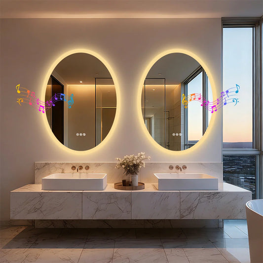 LUVODI Bluetooth LED Bathroom Mirror,Oval Wall Vanity Mirror with Double NdFeB Speakers,Smart Memory Dimming Lighted Mirror Fogless