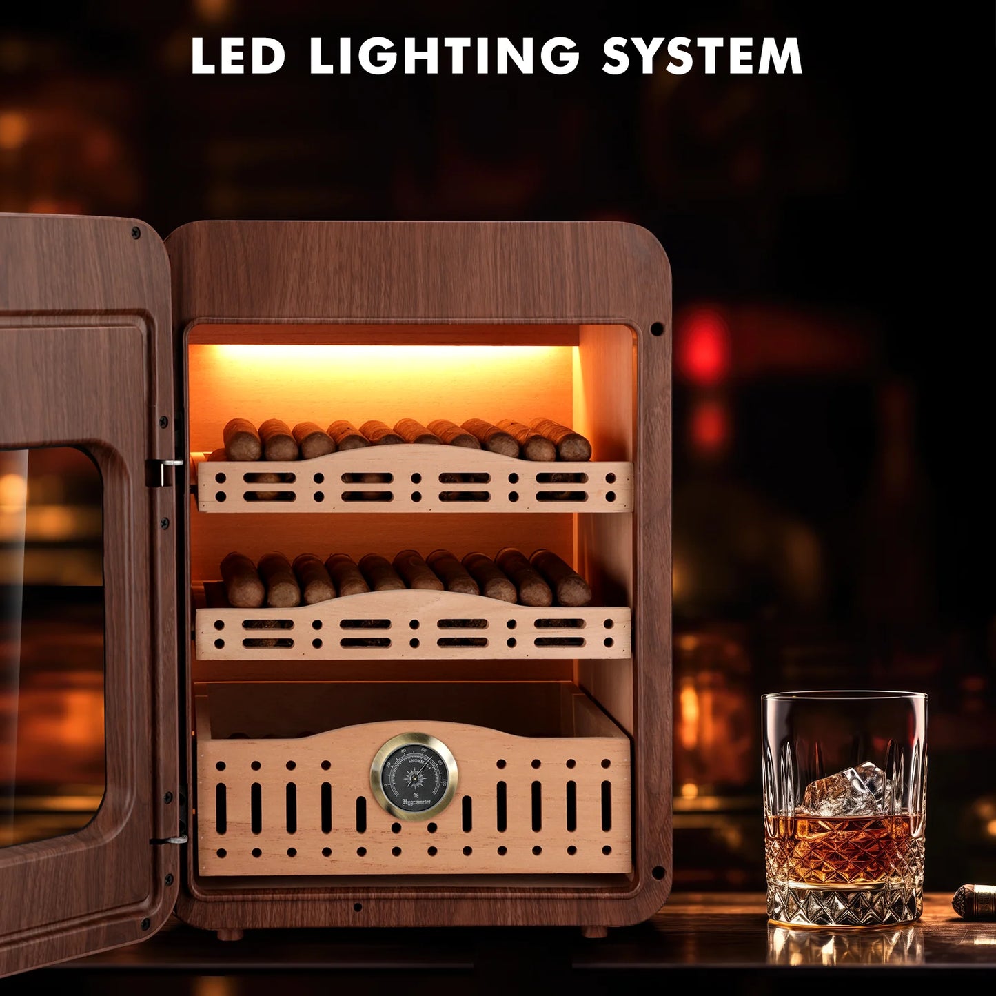 XIFEI Cigar Humidor Up To 150 Cigars With LED Lighting Spanish Cedar Shelves