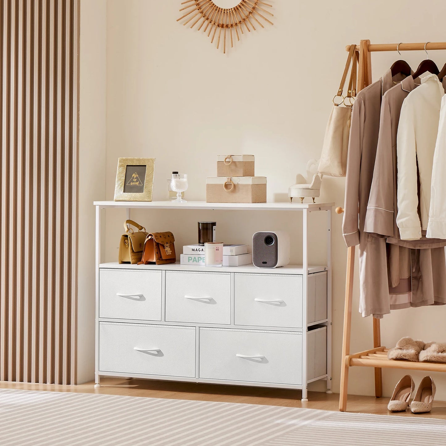 JHK Shoe Cabinet With 5 Fabric Drawers And TV Stand