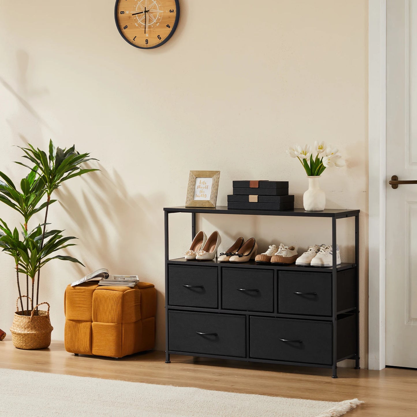 JHK Shoe Cabinet With 5 Fabric Drawers And TV Stand