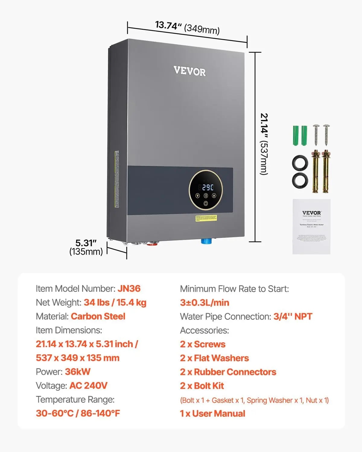 36KW 240V Electric Tankless Water Heater With LCD Touch Control
