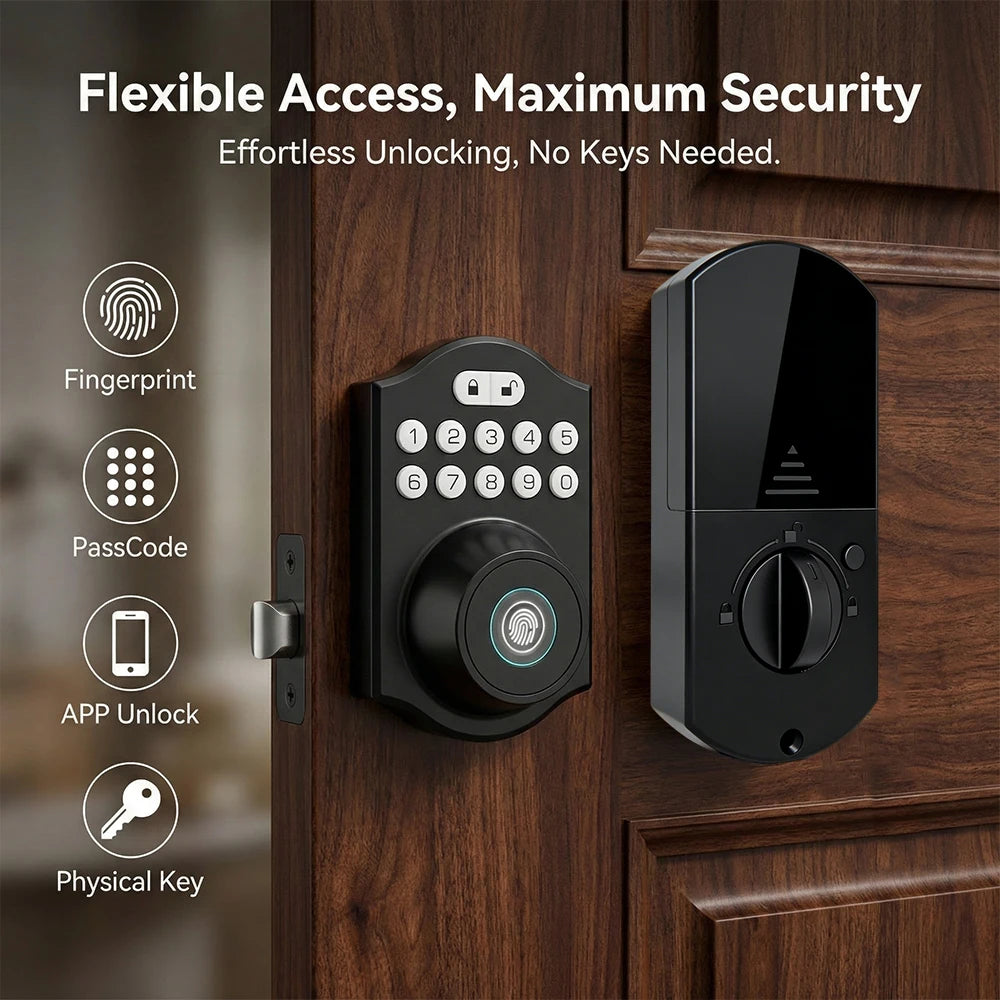 Bluetooth Smart Deadbolt Lock with Fingerprint Passcode App Remote Temporary Code Auto Lock Keyless Entry Front Door Lock for House Airbnb