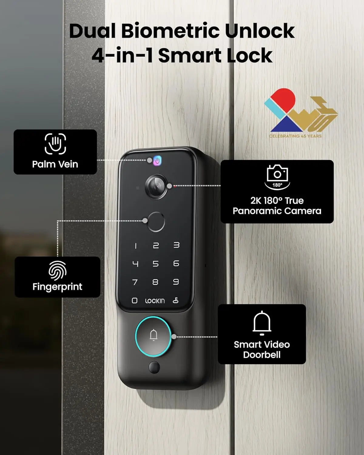 Smart Lock with 2K Camera & Video Doorbell, AI Storage, Fingerprint Entry, Wi-Fi App Control for Front Door