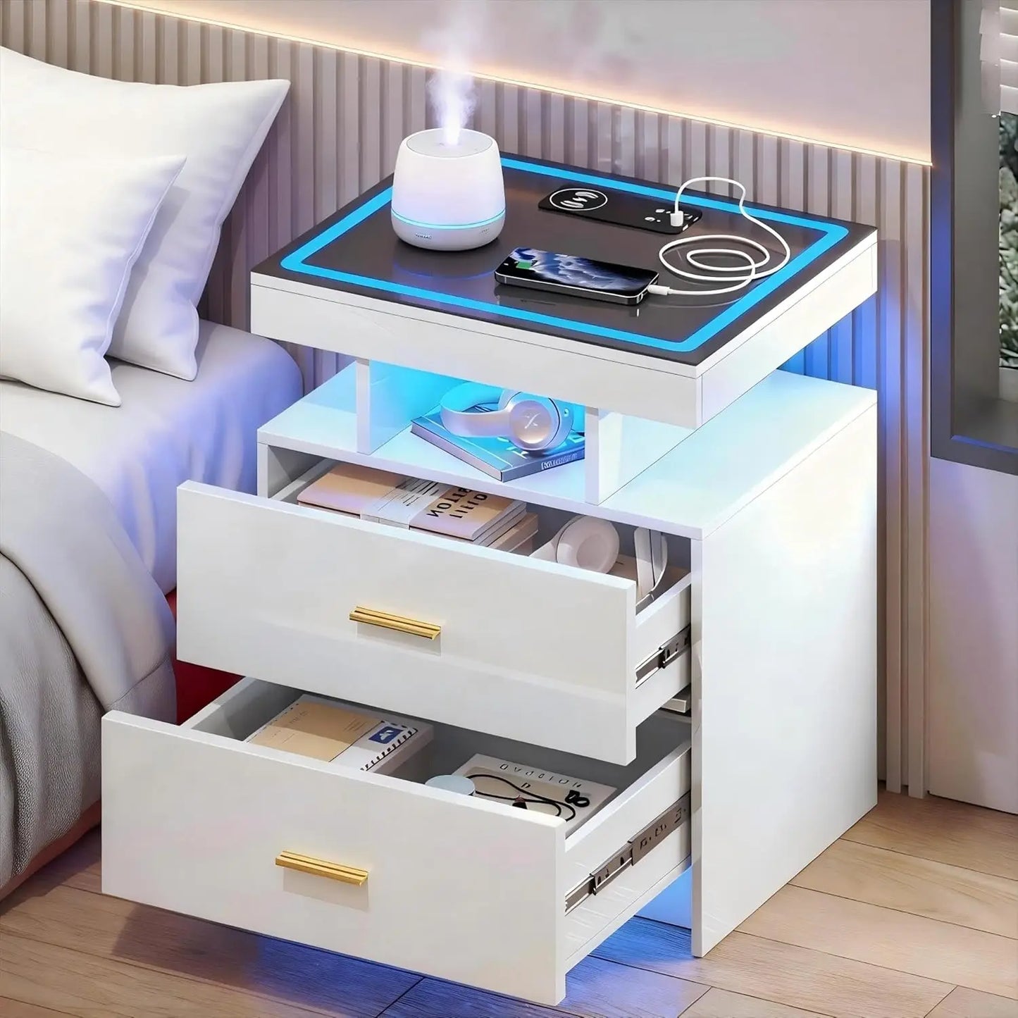 Nightstands With Wireless Charging Station And Auto Sensor LED