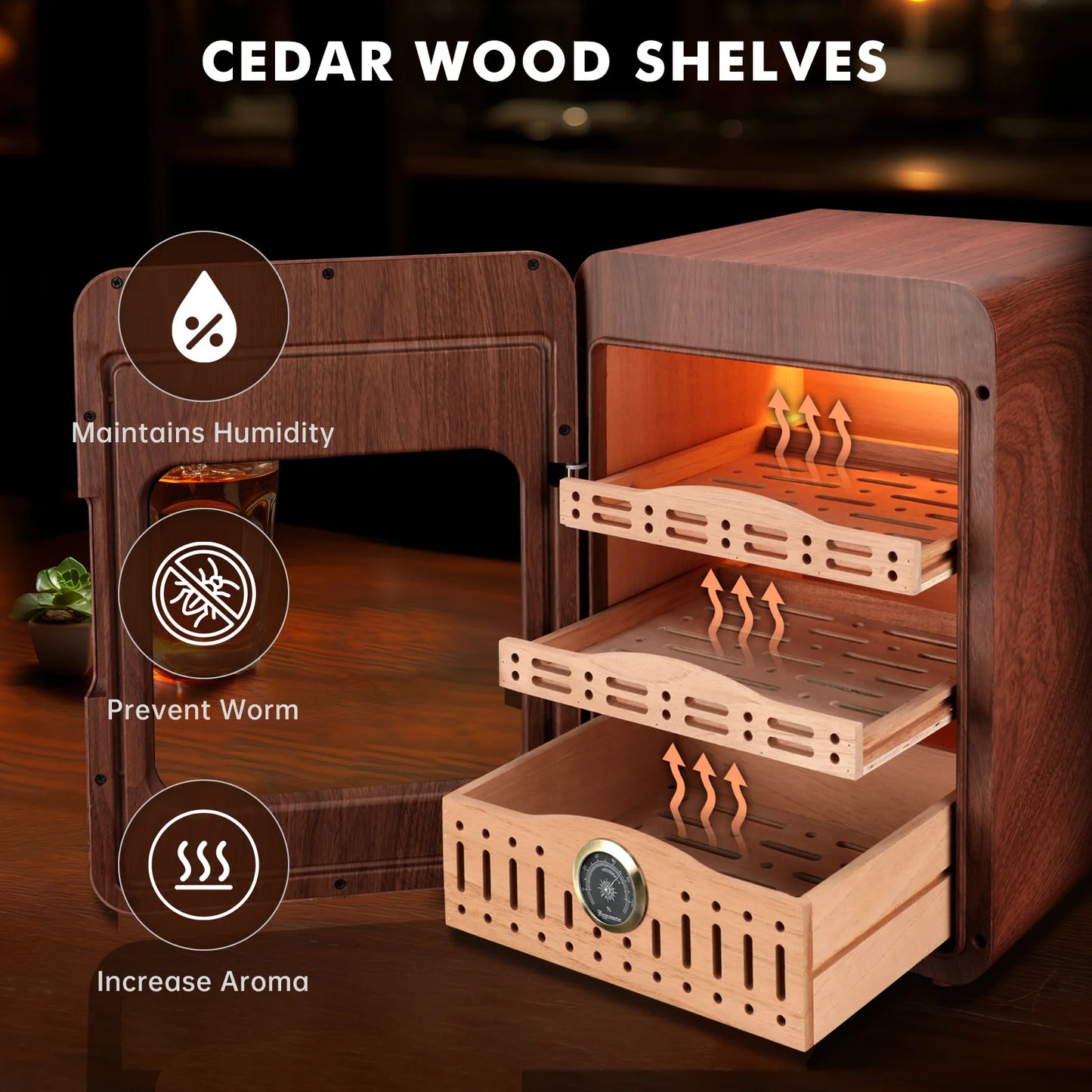 XIFEI Cigar Humidor Up To 150 Cigars With LED Lighting Spanish Cedar Shelves