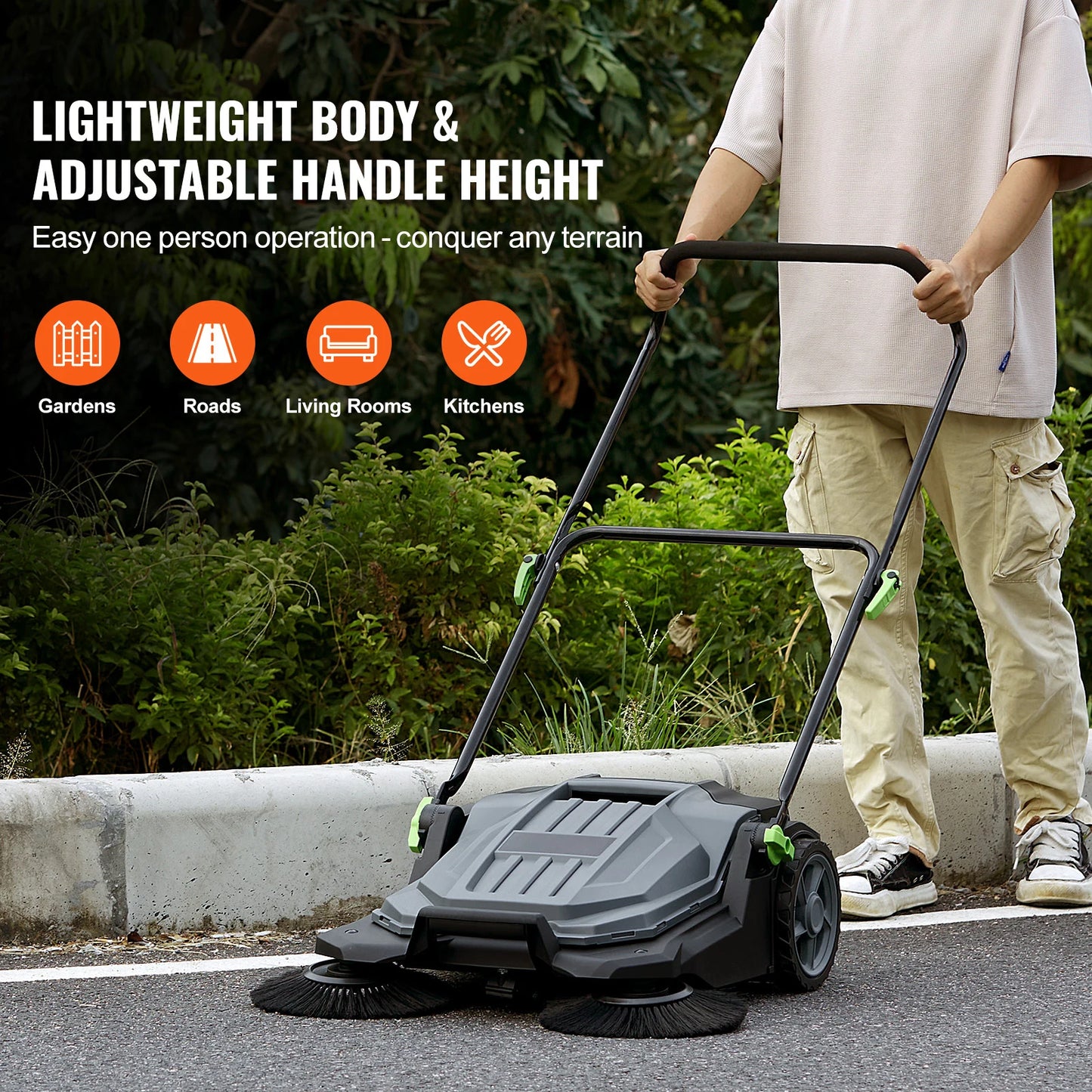 SucceBuy Walk-behind Hand Push Floor Sweeper 25.6" Sweeping Width Floor Sweeper 5-Gal Waste Container Angle & Height Adjustable