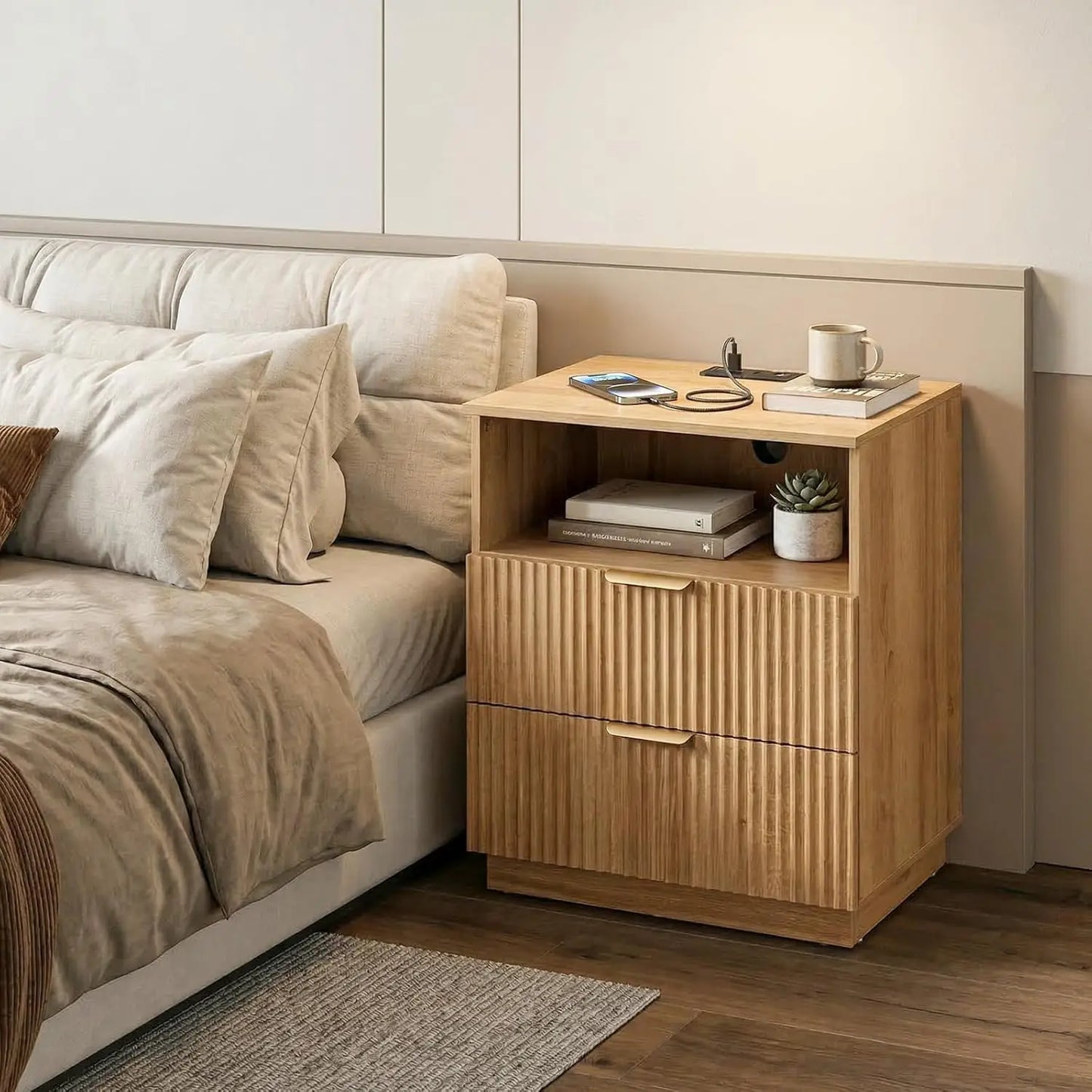 Nightstand with Charging Station, Fluted Night Stand Bedside Table with 2 Storage Drawers & Open Shelf, Small Side Table End Table for Bedroom,Living Room, Natural Oak
