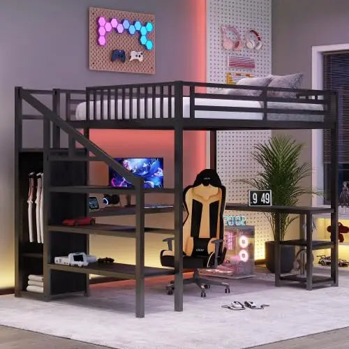Metal Loft Bed With Stairs Storage Wardrobe And Bedside Shelf For Adults