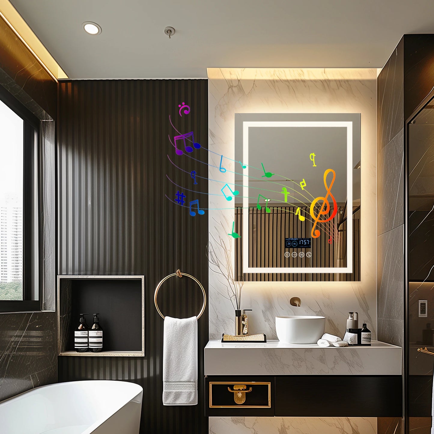 Wisfor 28x36 Lighted Bathroom Mirror with Bluetooth Speaker Smart LED Vanity Makeup Wall Mounted Mirrors 3 Lights Anti-Fog Touch